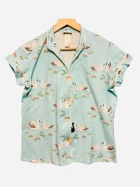 BedHead Swans Pajama Top Women’s L Short Sleeve Blue White